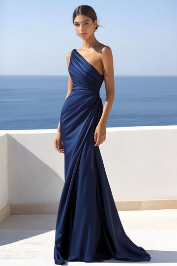 Navy Mermaid Ruched One Shoulder Long Formal Dress